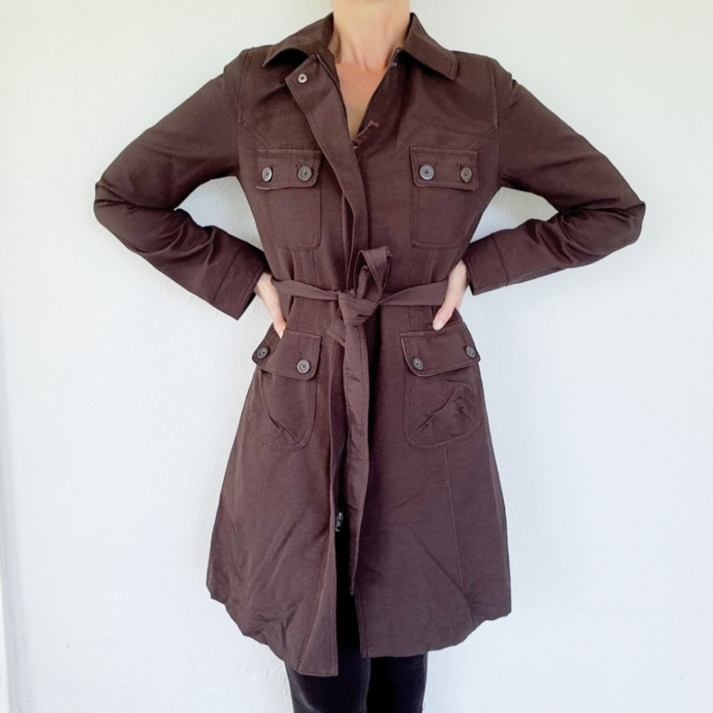 Merona dark brown zip front tie waist collared trench coat size small